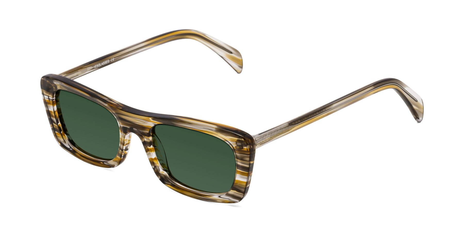 Angle of Figge in Striped Brown with Green Tinted Lenses