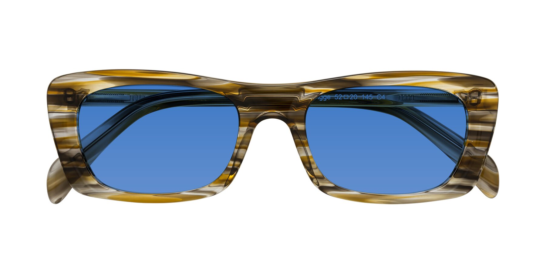 Folded Front of Figge in Striped Brown with Blue Tinted Lenses