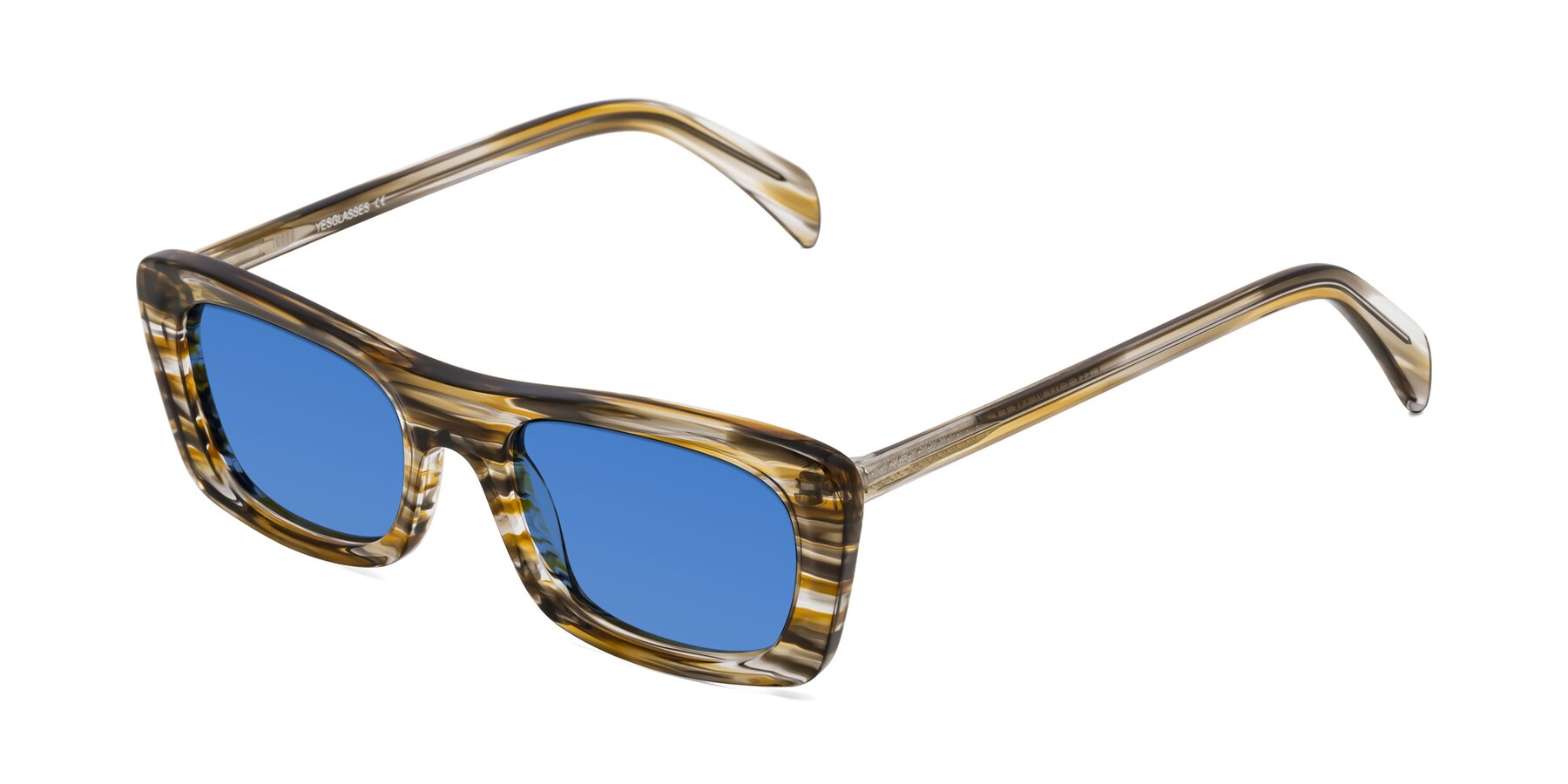 Angle of Figge in Striped Brown with Blue Tinted Lenses