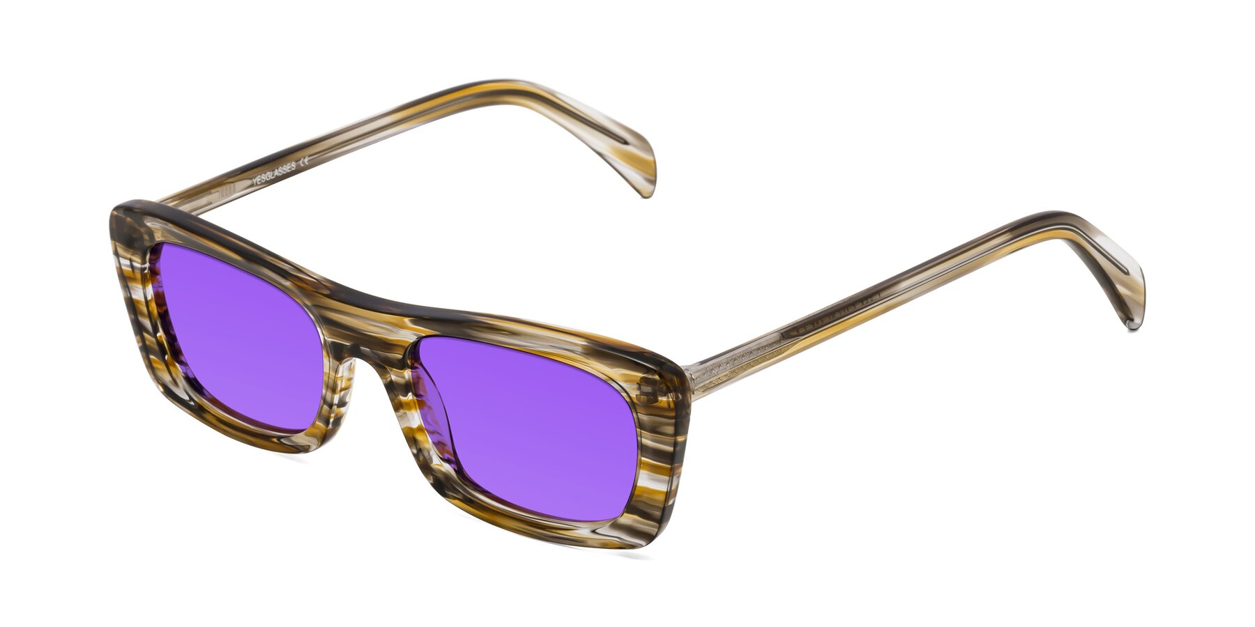 Angle of Figge in Striped Brown with Purple Tinted Lenses