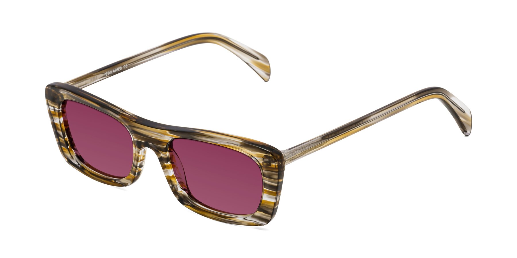 Angle of Figge in Striped Brown with Wine Tinted Lenses