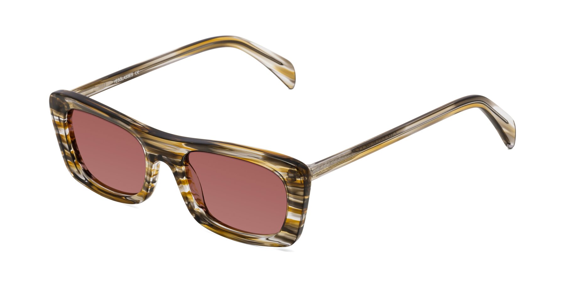 Angle of Figge in Striped Brown with Garnet Tinted Lenses