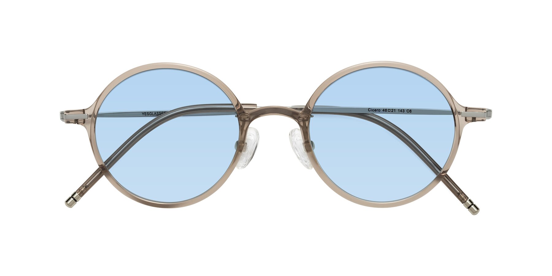 Folded Front of Cicero in Earl Gray with Light Blue Tinted Lenses