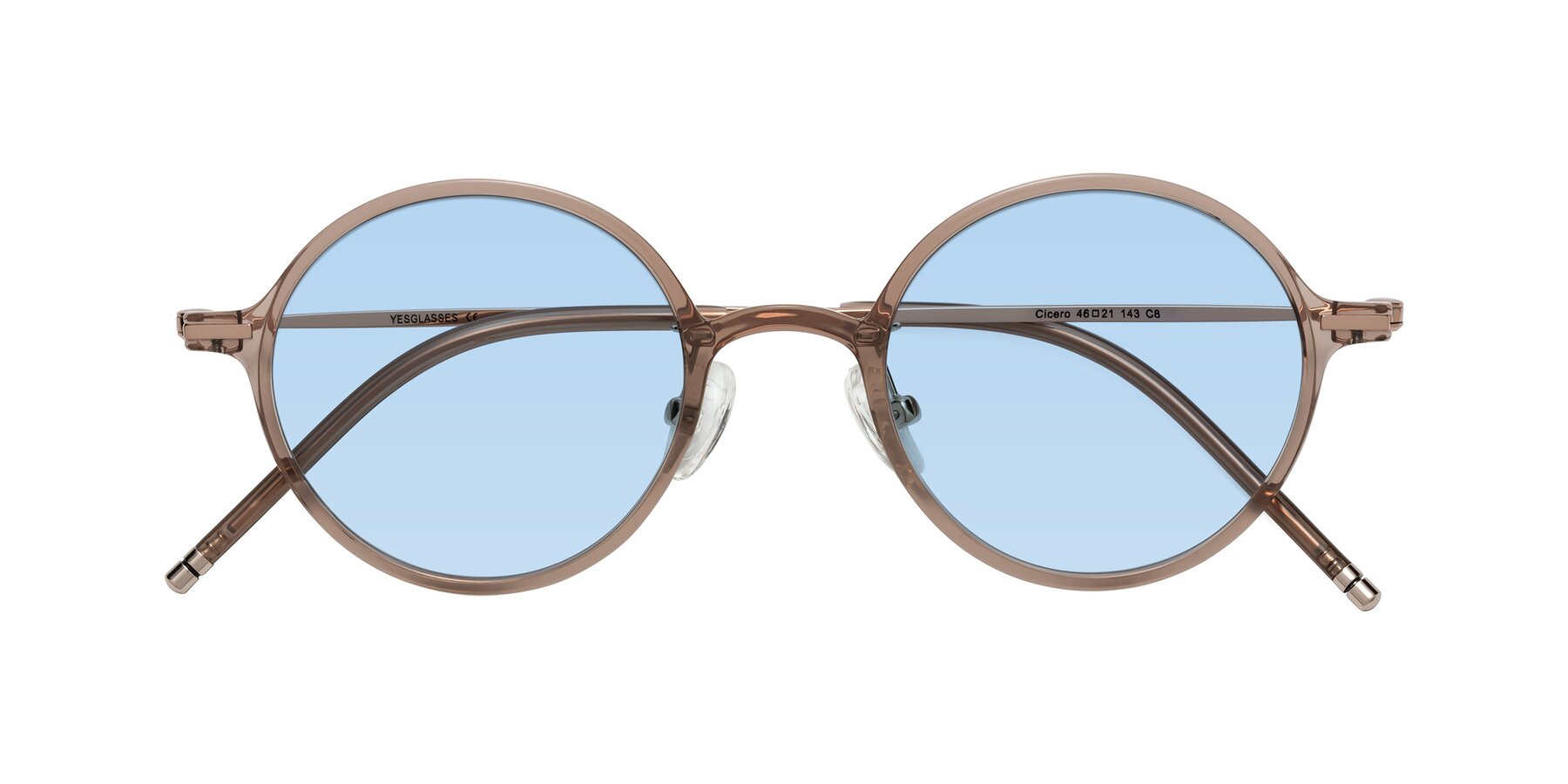 Folded Front of Cicero in Faded Rose with Light Blue Tinted Lenses