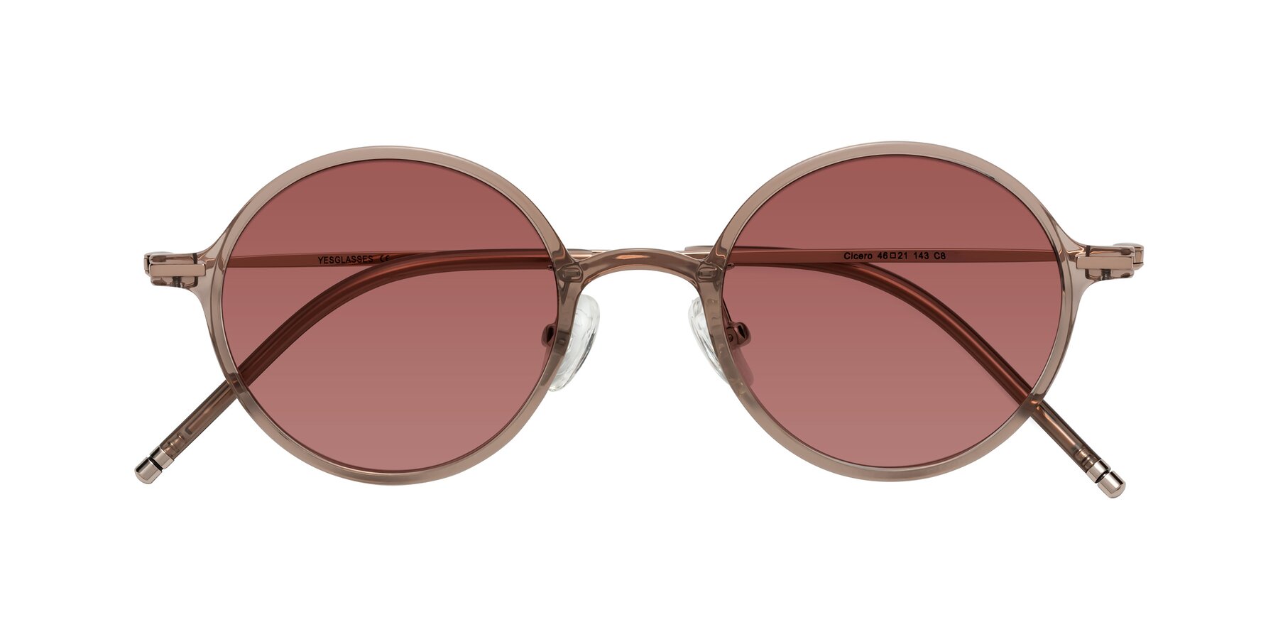 Folded Front of Cicero in Faded Rose with Garnet Tinted Lenses