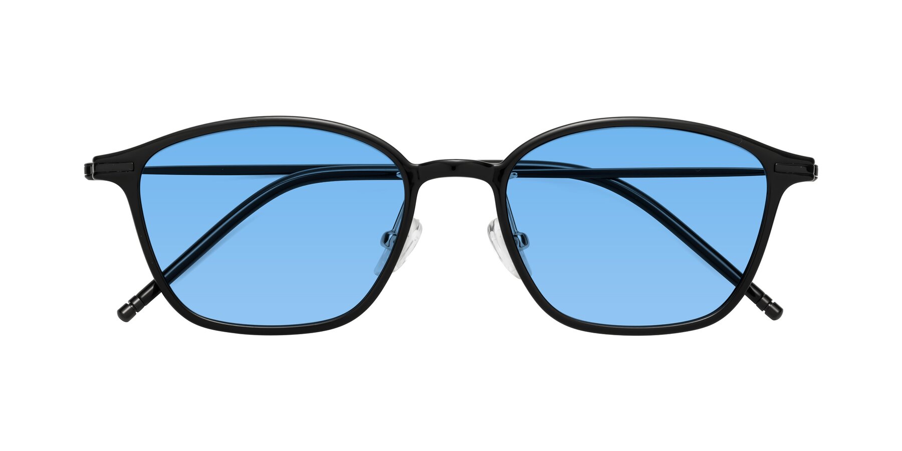 Folded Front of Cato in Black with Medium Blue Tinted Lenses