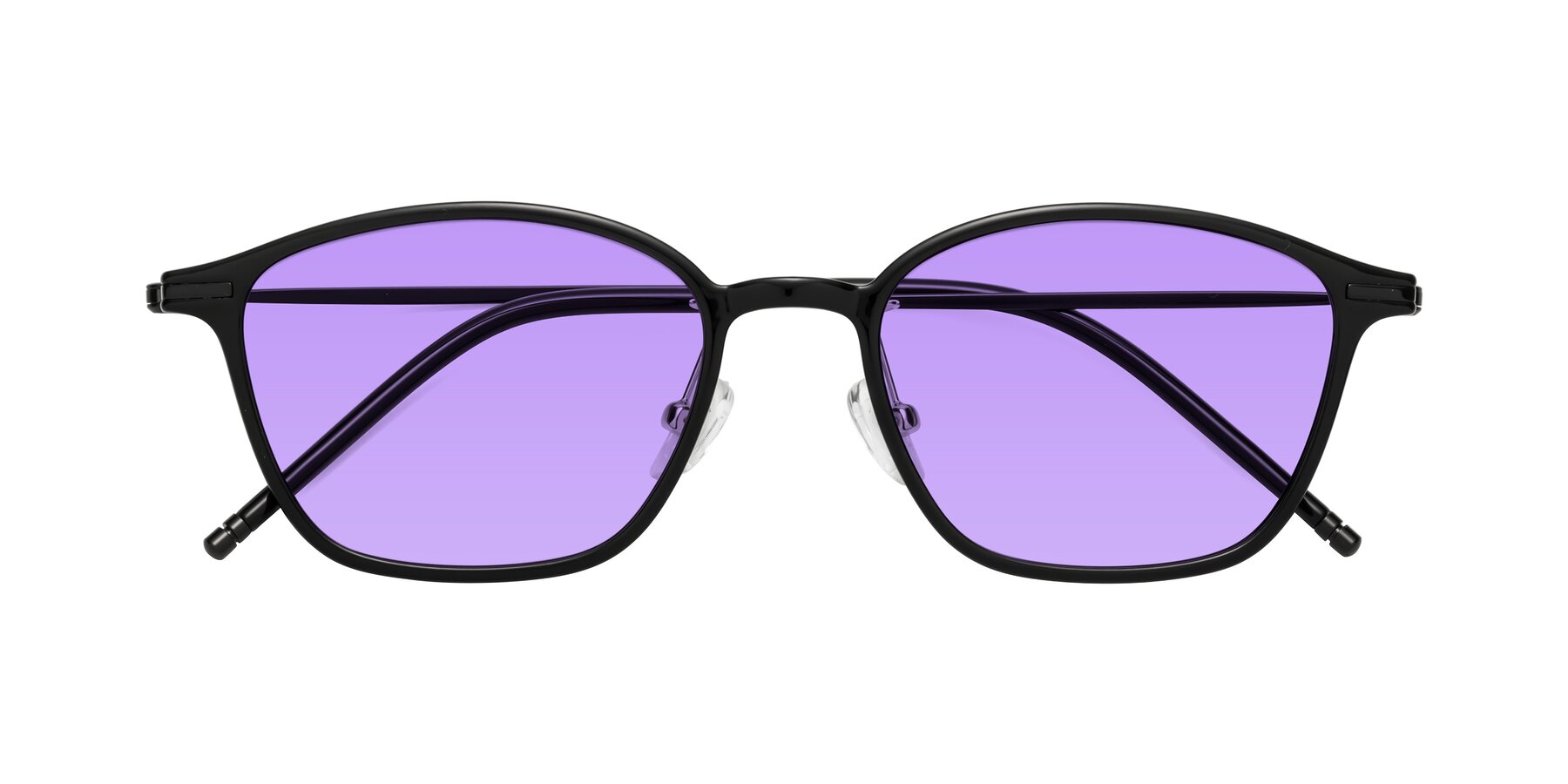 Folded Front of Cato in Black with Medium Purple Tinted Lenses