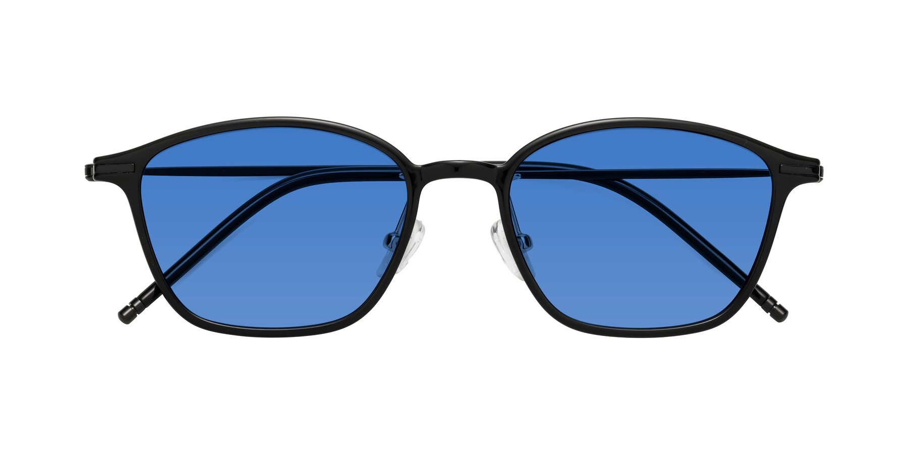 Folded Front of Cato in Black with Blue Tinted Lenses