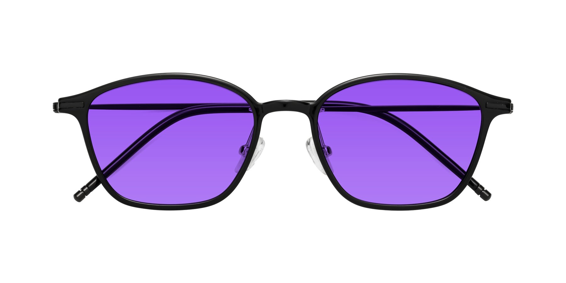 Folded Front of Cato in Black with Purple Tinted Lenses