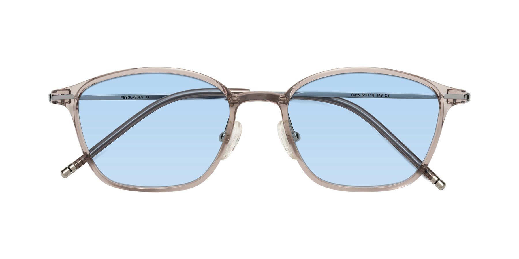 Folded Front of Cato in Earl Gray with Light Blue Tinted Lenses