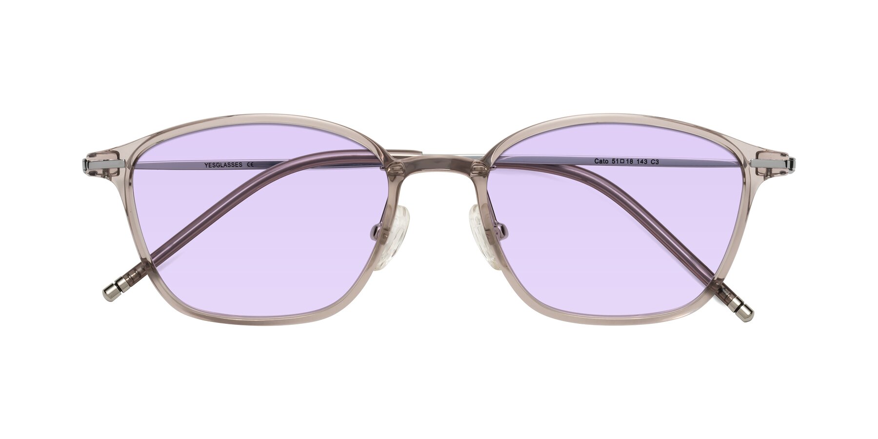 Folded Front of Cato in Earl Gray with Light Purple Tinted Lenses
