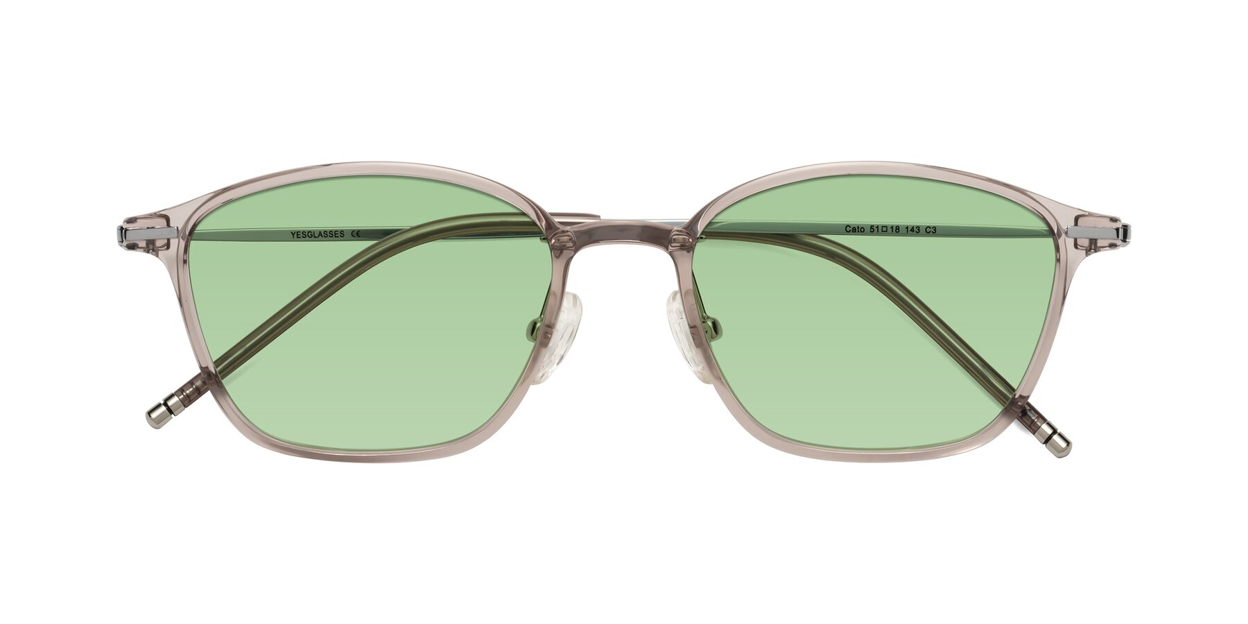 Folded Front of Cato in Earl Gray with Medium Green Tinted Lenses