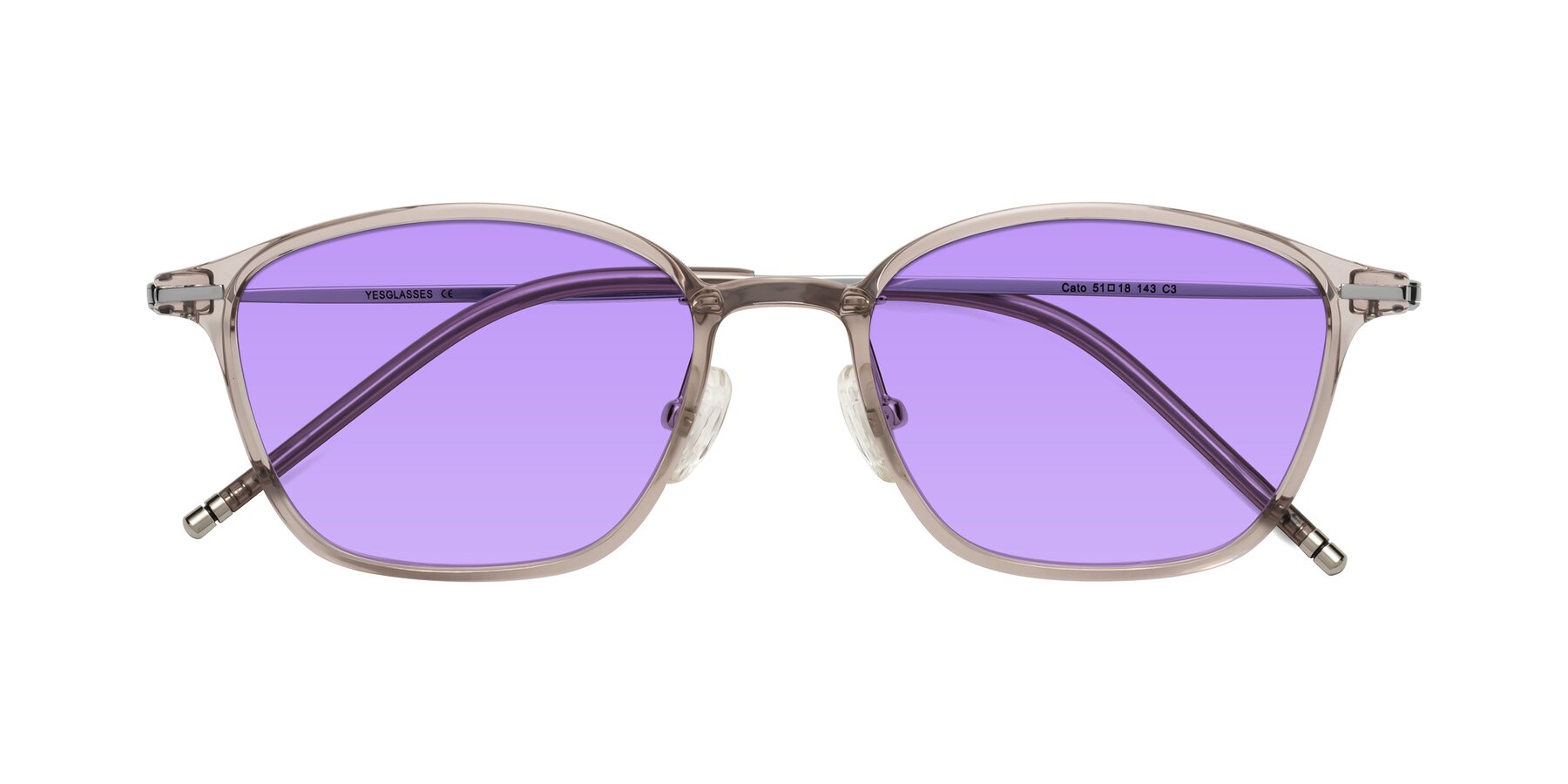 Folded Front of Cato in Earl Gray with Medium Purple Tinted Lenses