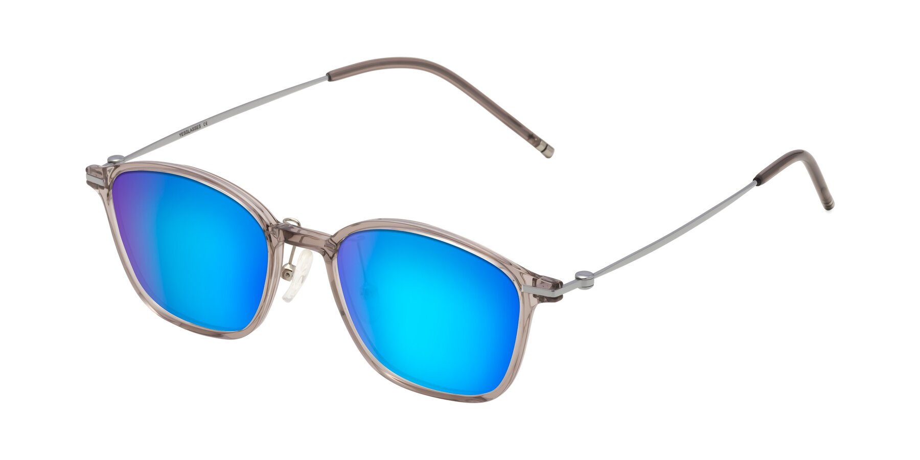 Angle of Cato in Earl Gray with Blue Mirrored Lenses