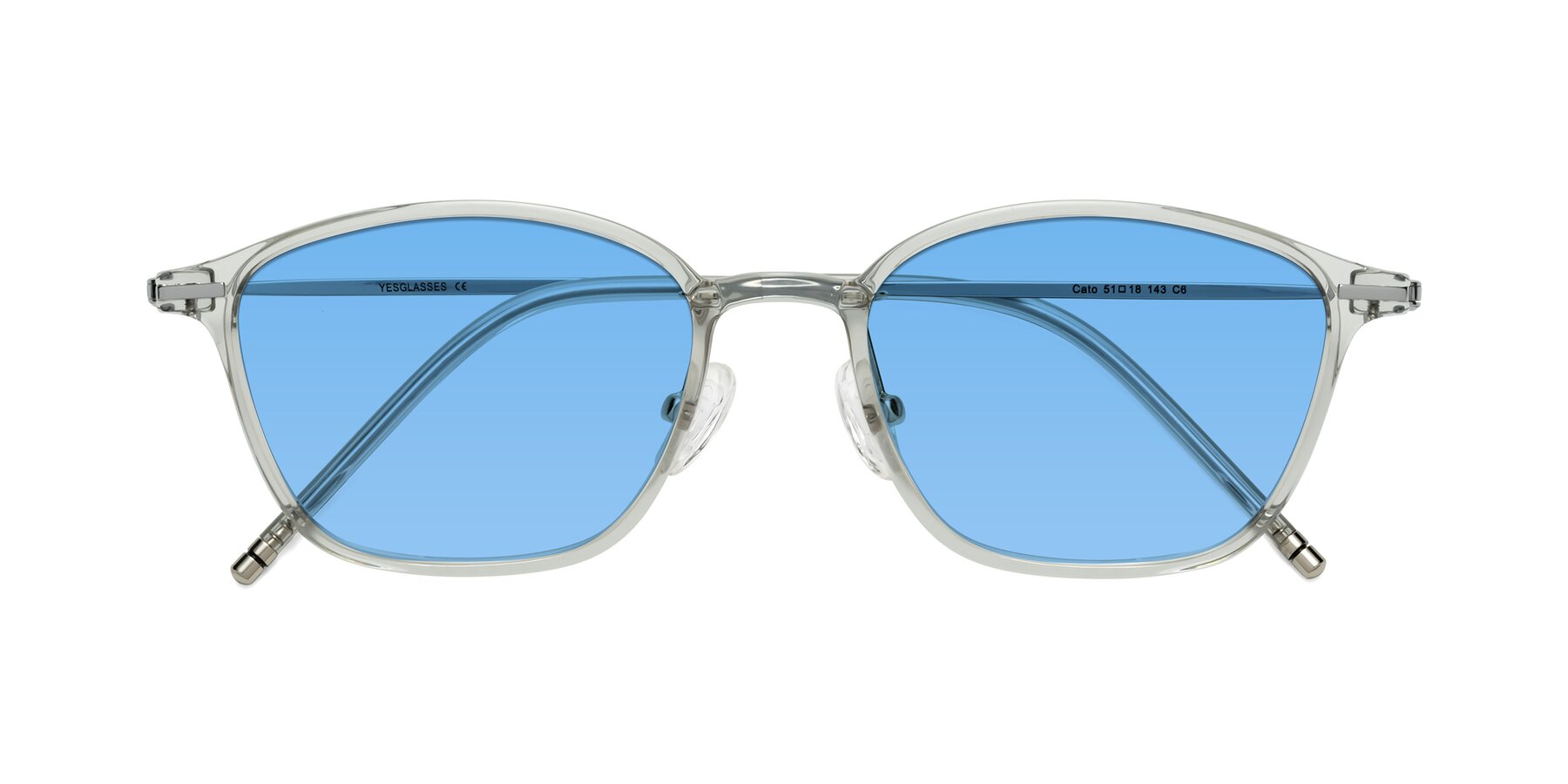 Folded Front of Cato in Light Gray with Medium Blue Tinted Lenses