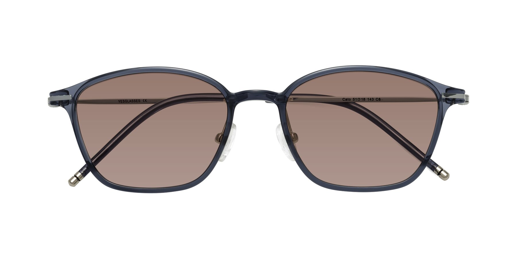 Folded Front of Cato in Grayish Blue with Medium Brown Tinted Lenses