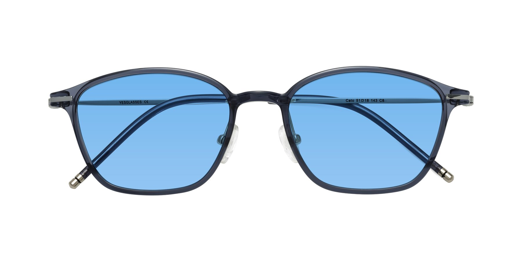 Folded Front of Cato in Grayish Blue with Medium Blue Tinted Lenses