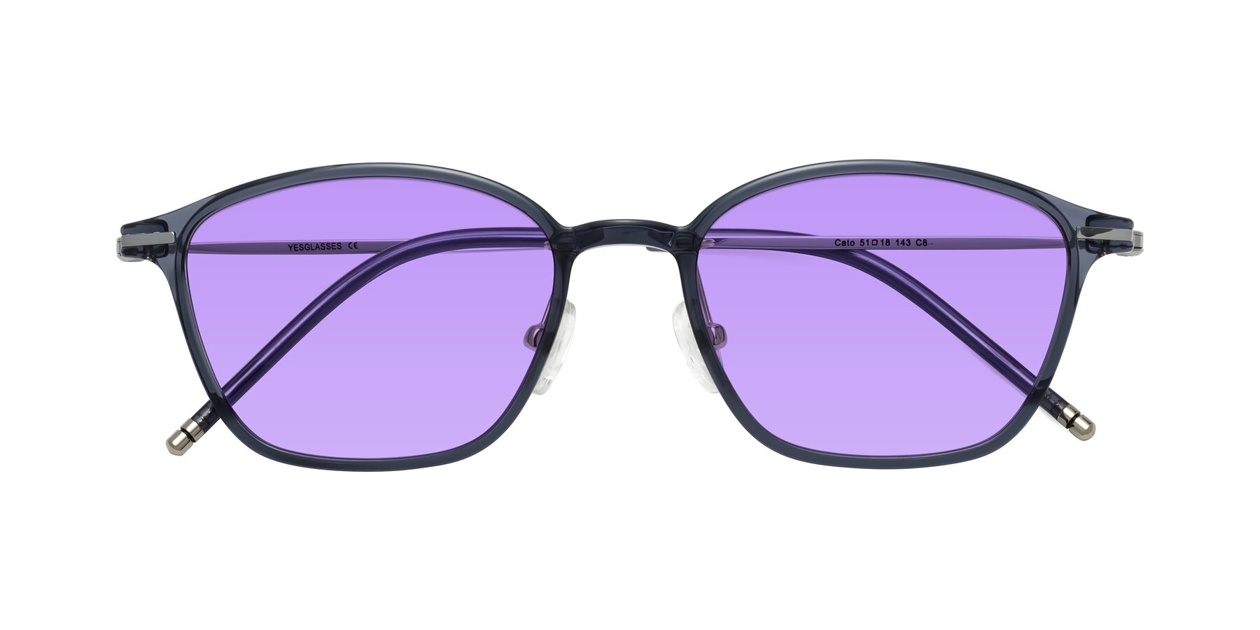 Folded Front of Cato in Grayish Blue with Medium Purple Tinted Lenses