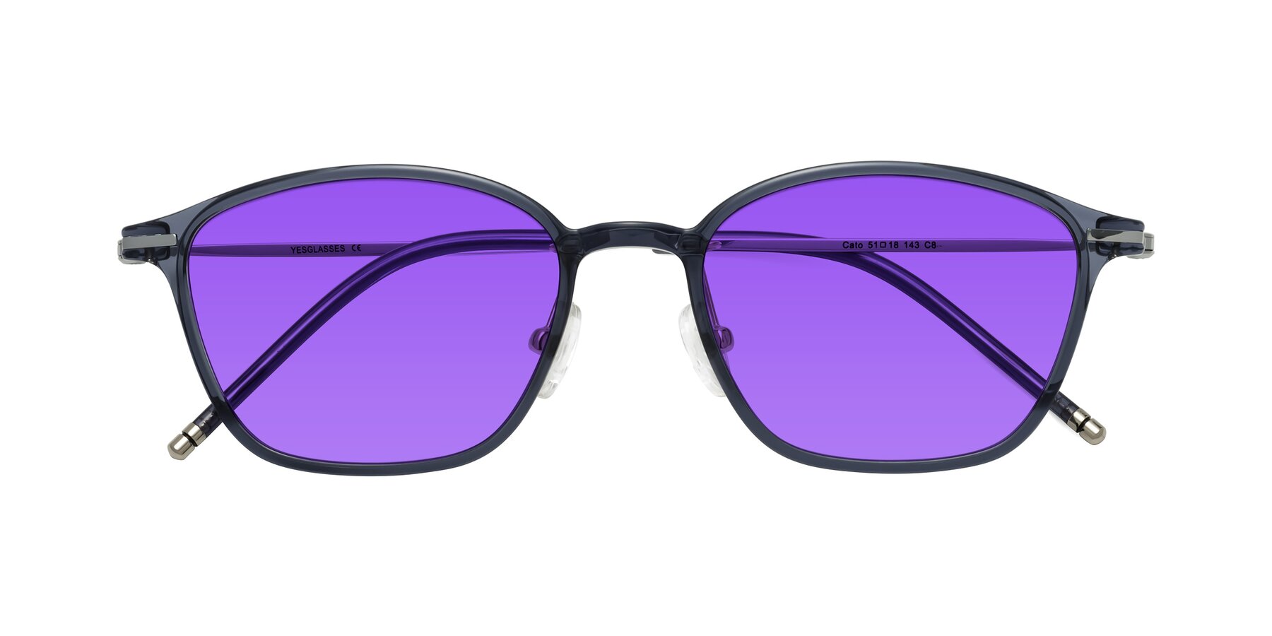 Folded Front of Cato in Grayish Blue with Purple Tinted Lenses