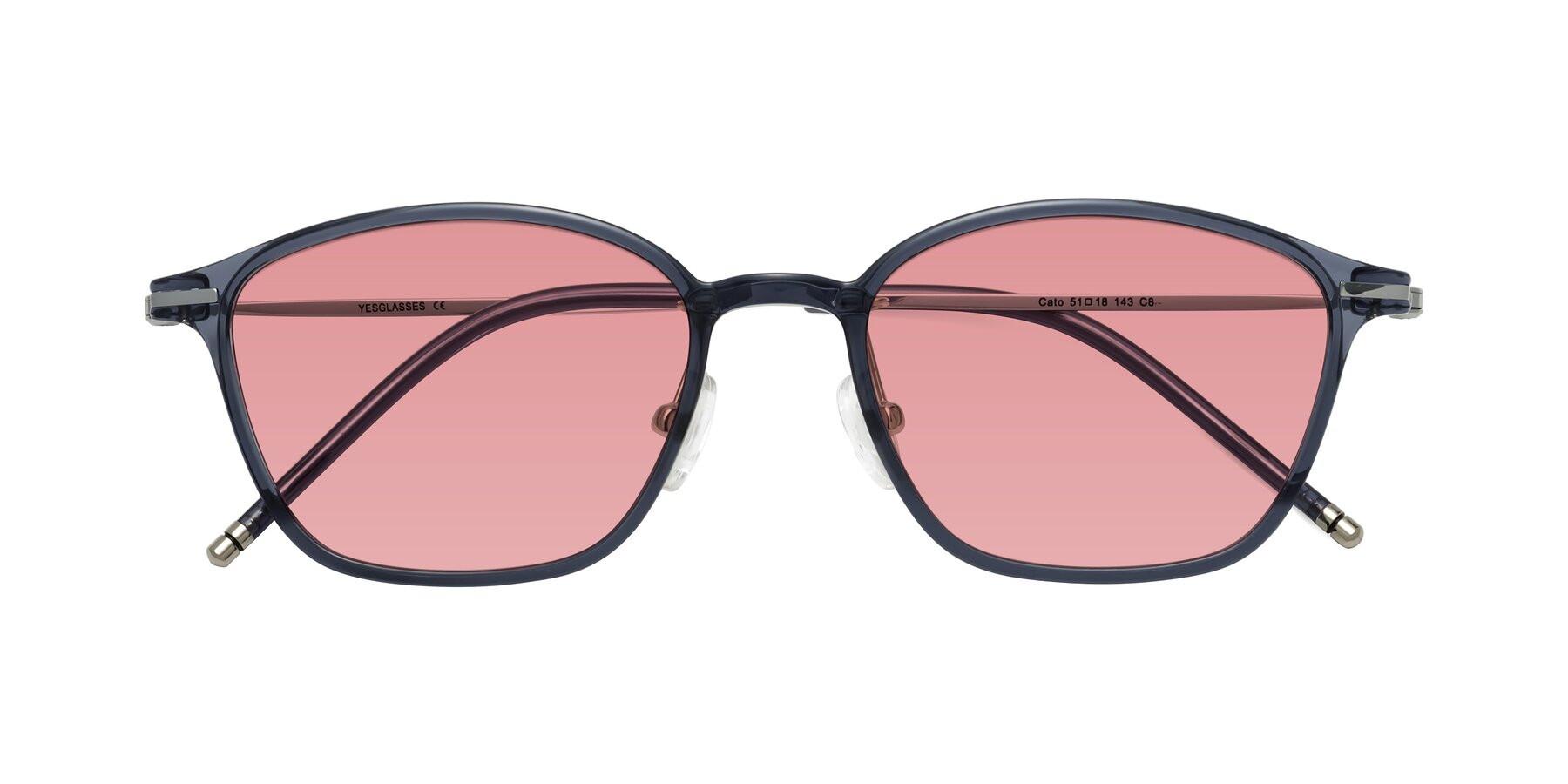 Folded Front of Cato in Grayish Blue with Medium Garnet Tinted Lenses