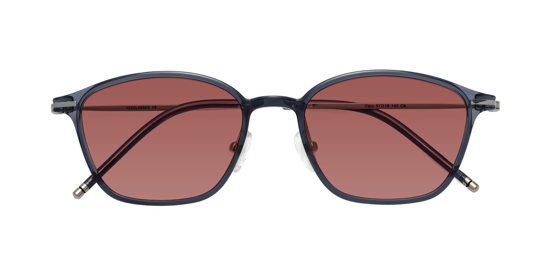 Folded Front of Cato in Grayish Blue with Garnet Tinted Lenses