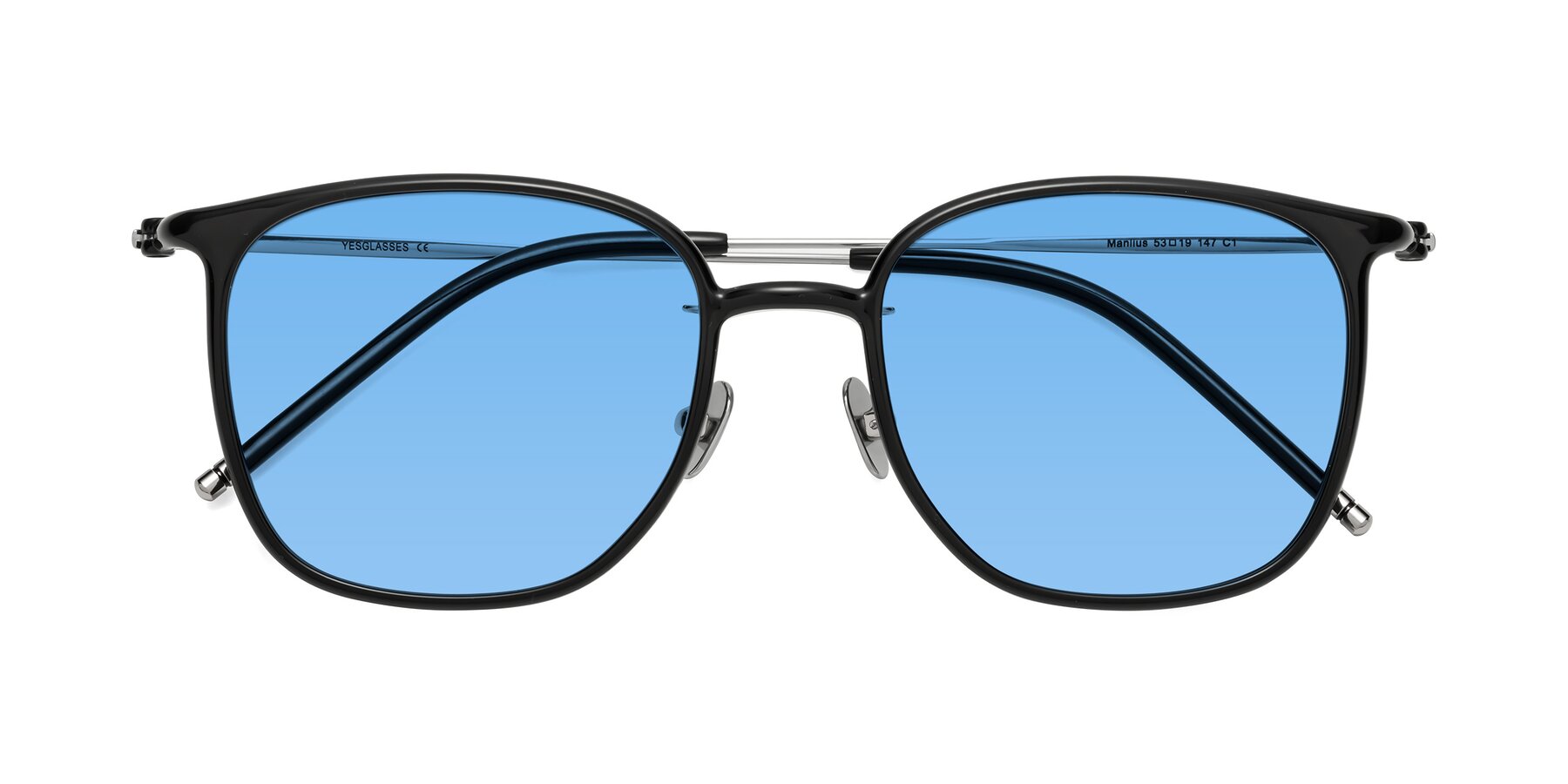 Folded Front of Manlius in Black with Medium Blue Tinted Lenses