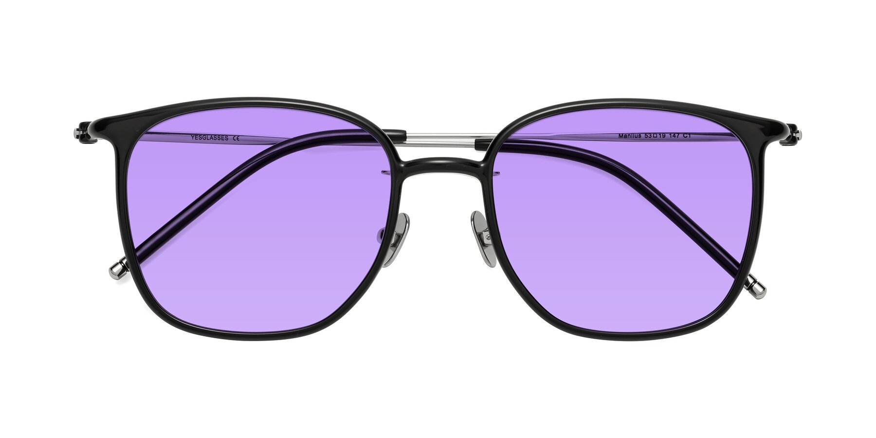 Folded Front of Manlius in Black with Medium Purple Tinted Lenses