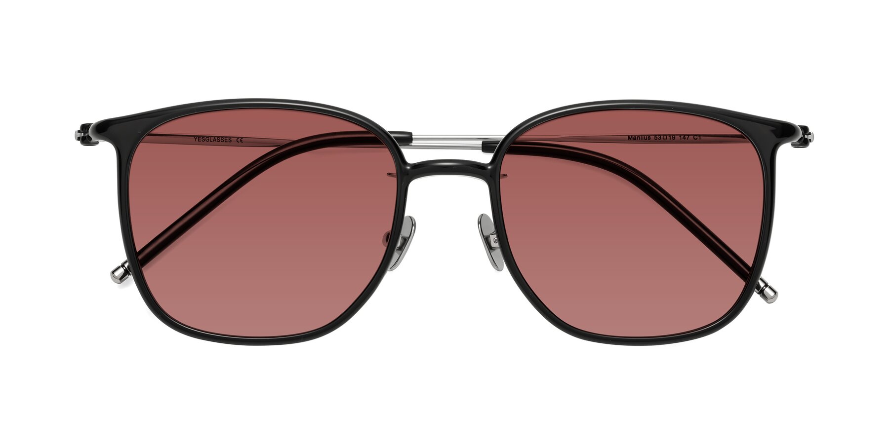 Folded Front of Manlius in Black with Garnet Tinted Lenses