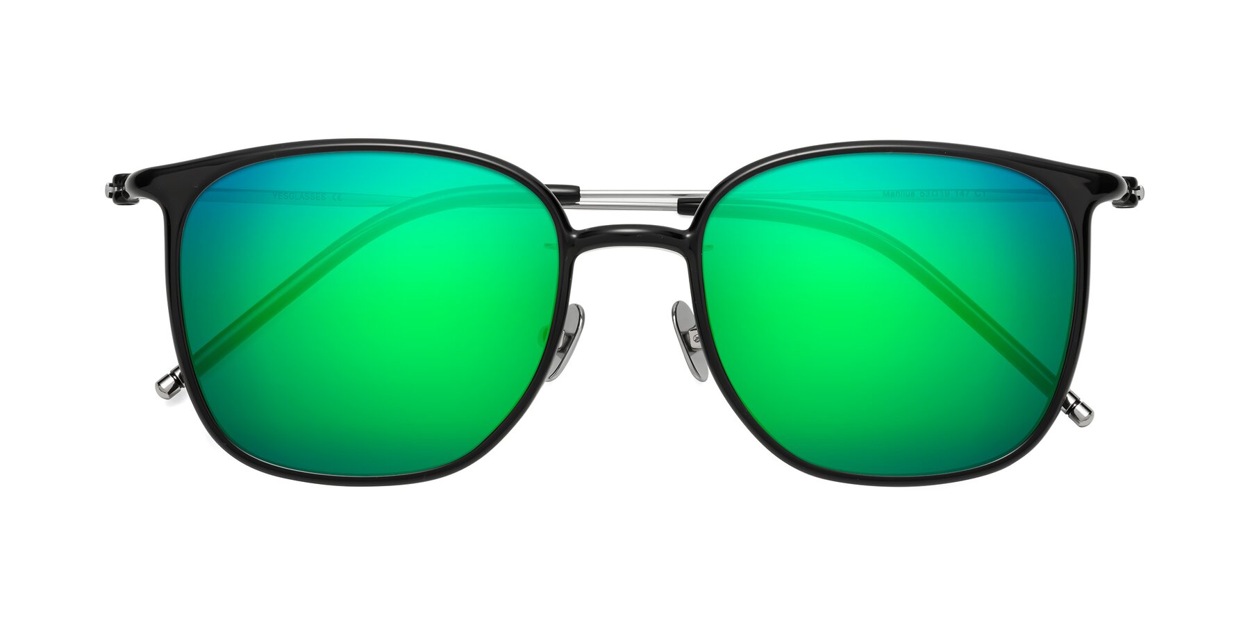Folded Front of Manlius in Black with Green Mirrored Lenses