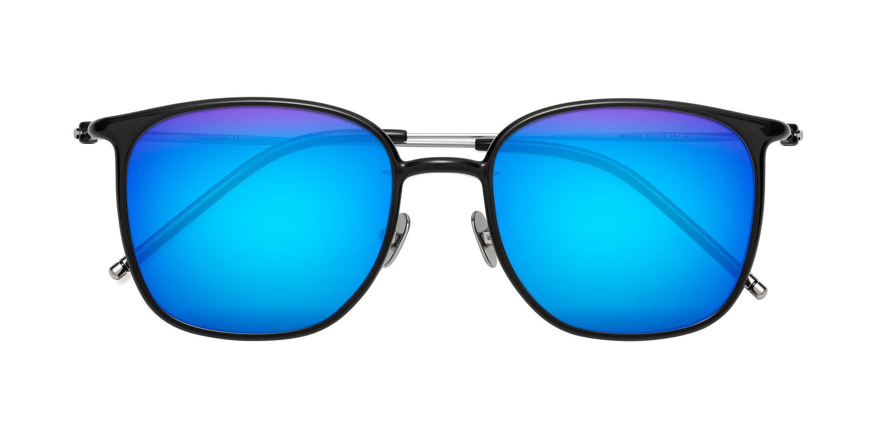 Folded Front of Manlius in Black with Blue Mirrored Lenses