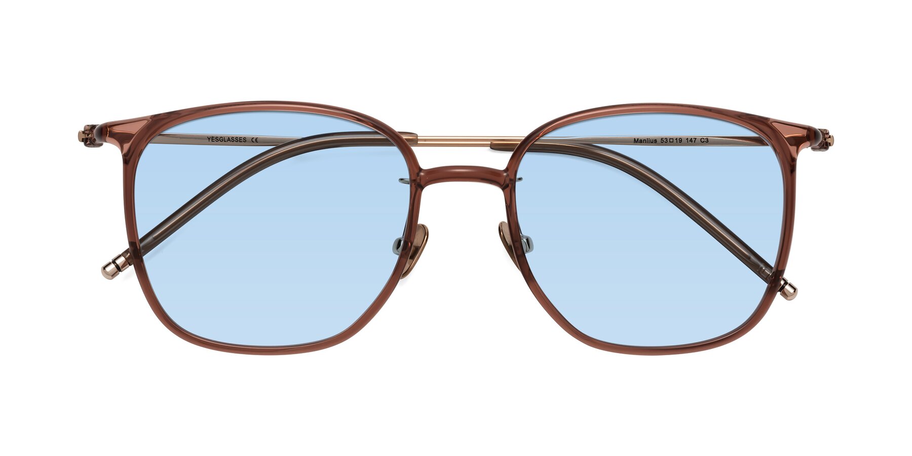 Folded Front of Manlius in Redwood with Light Blue Tinted Lenses
