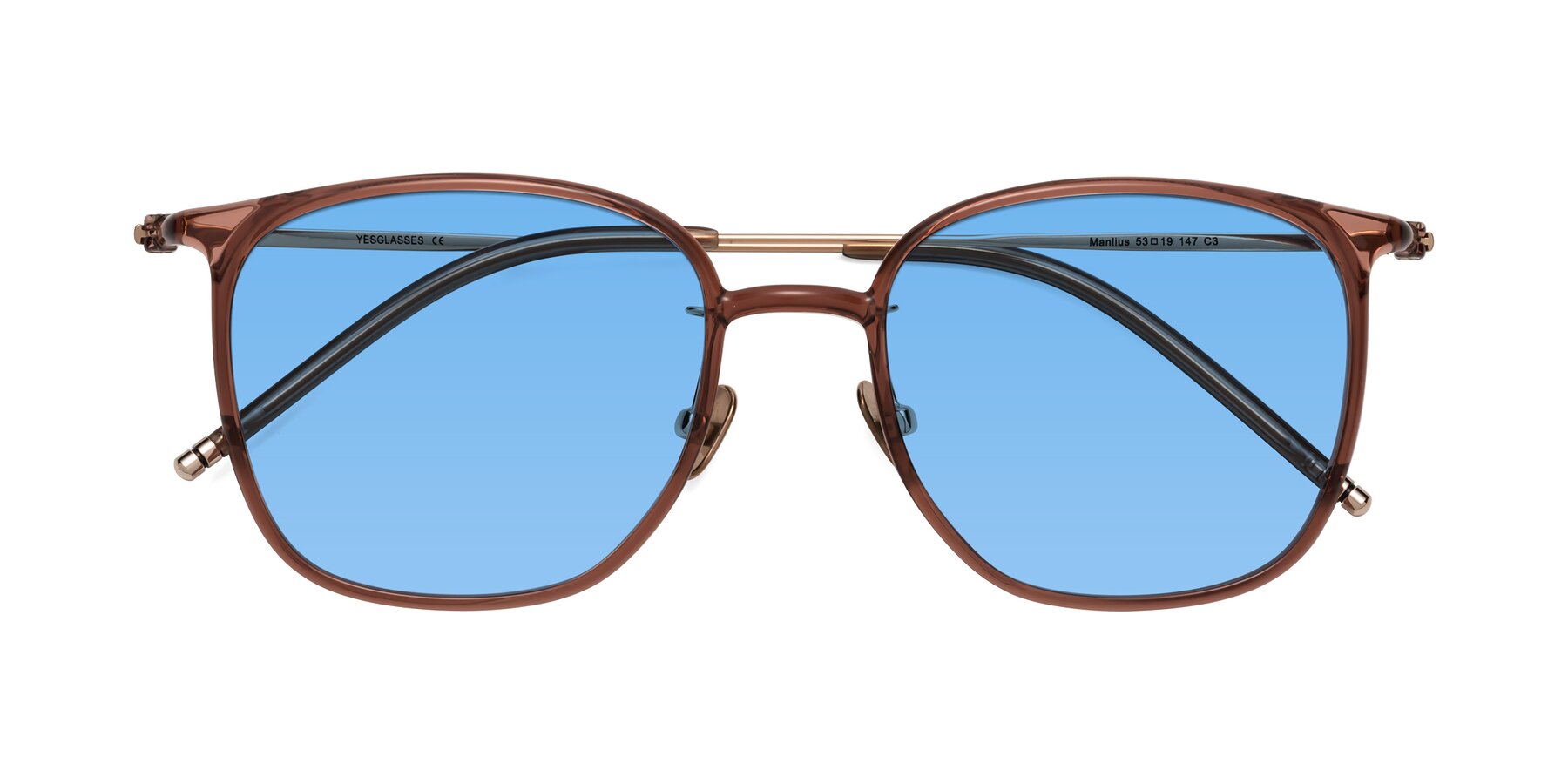 Folded Front of Manlius in Redwood with Medium Blue Tinted Lenses