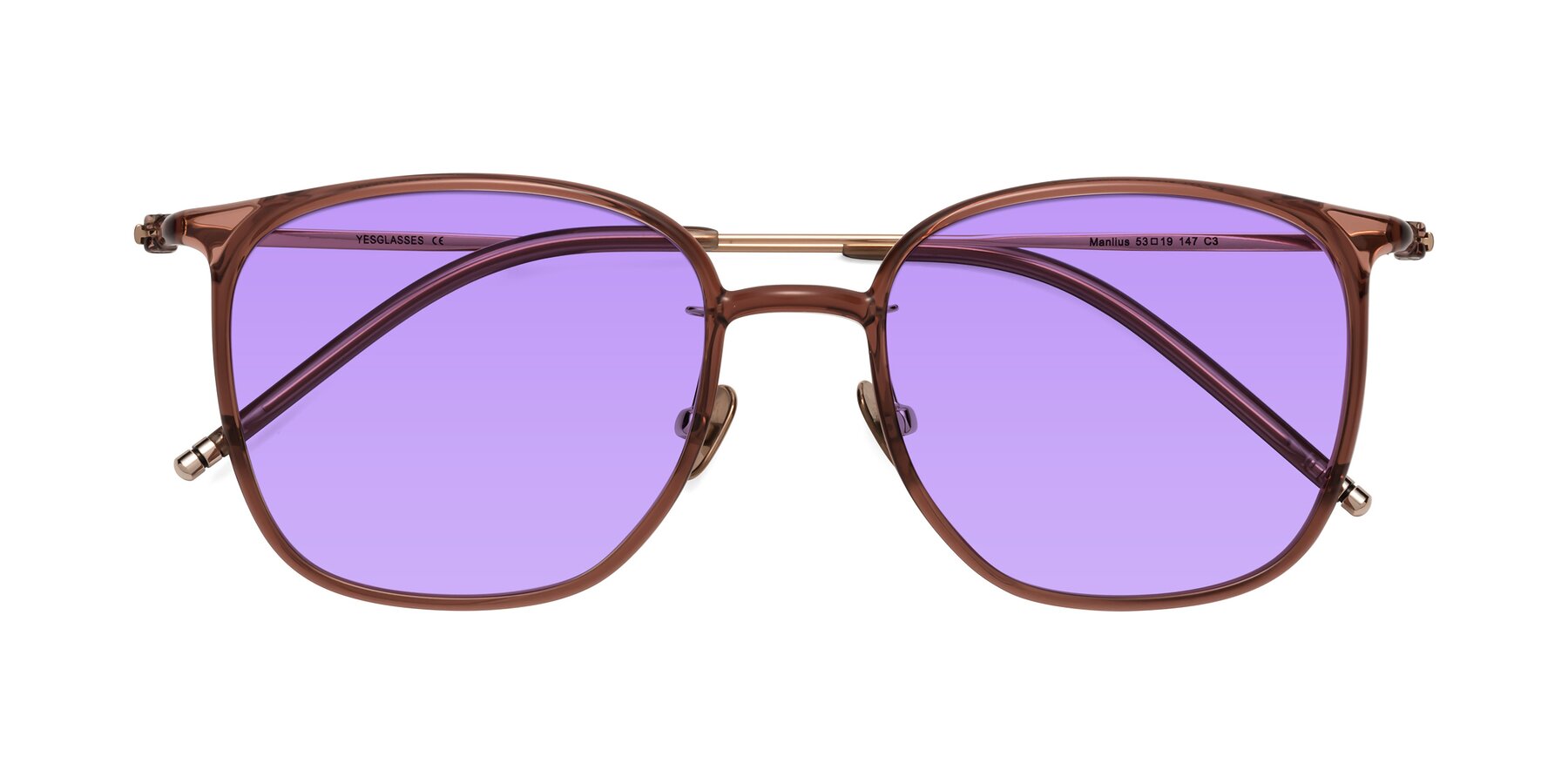 Folded Front of Manlius in Redwood with Medium Purple Tinted Lenses