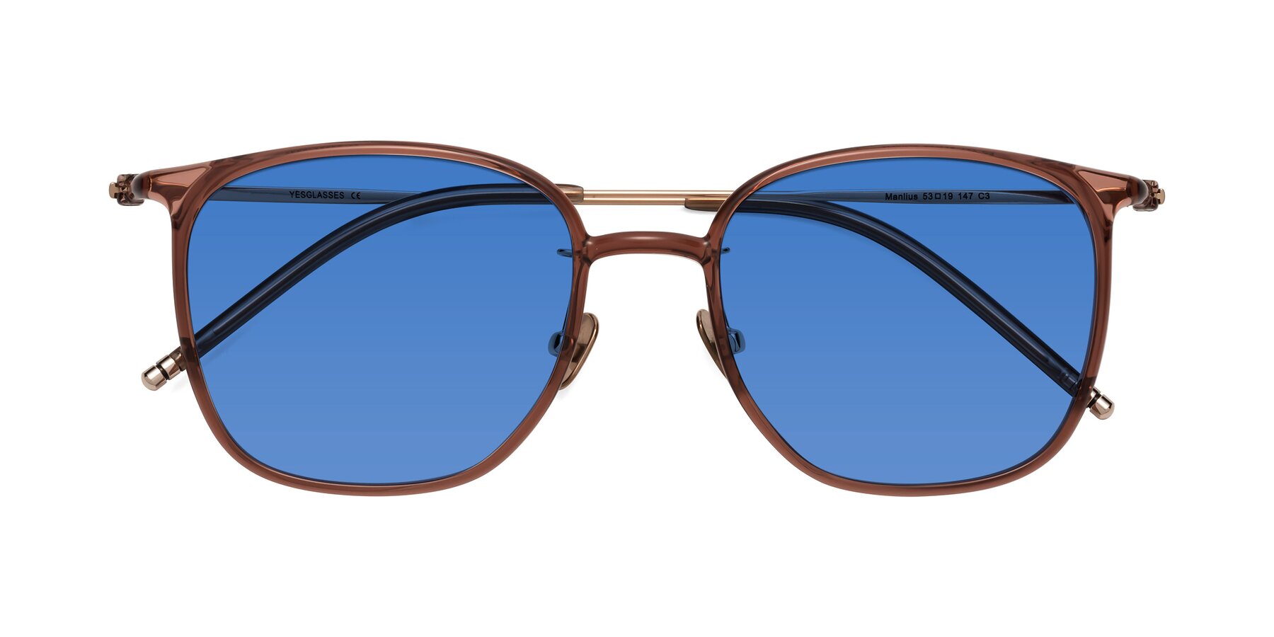 Folded Front of Manlius in Redwood with Blue Tinted Lenses