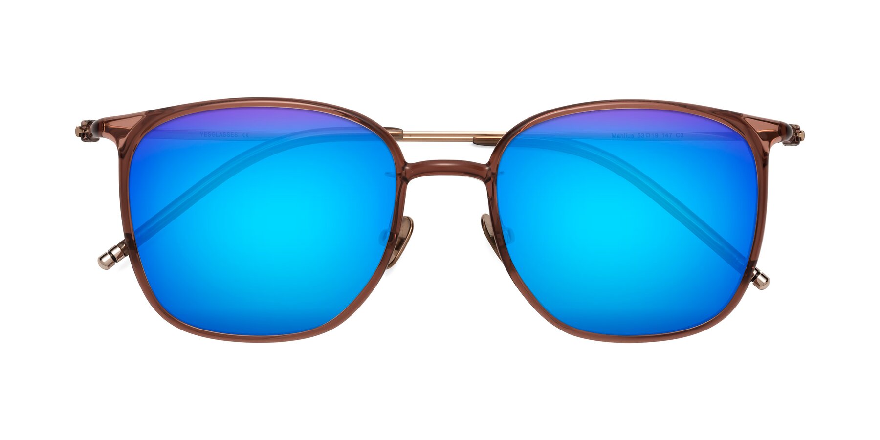 Folded Front of Manlius in Redwood with Blue Mirrored Lenses
