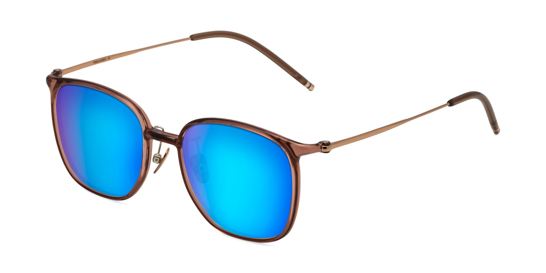 Angle of Manlius in Redwood with Blue Mirrored Lenses