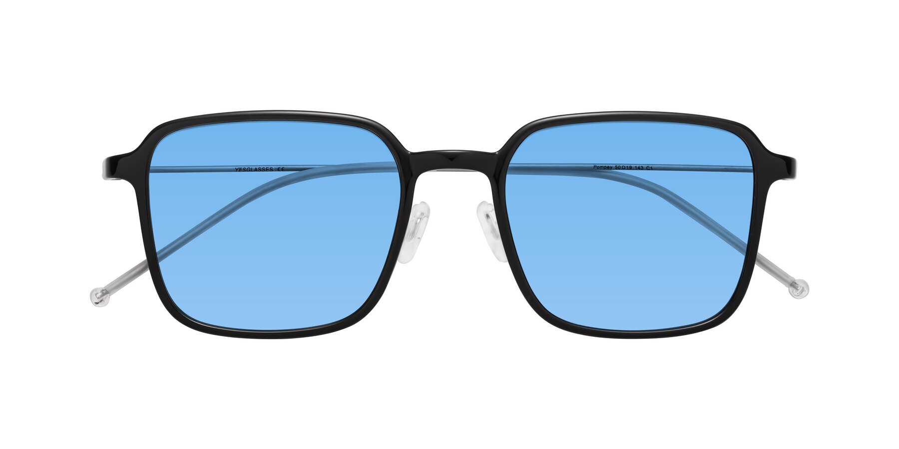 Folded Front of Pompey in Black with Medium Blue Tinted Lenses