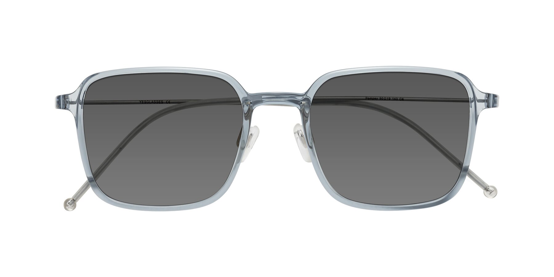 Folded Front of Pompey in Transparent Blue with Medium Gray Tinted Lenses