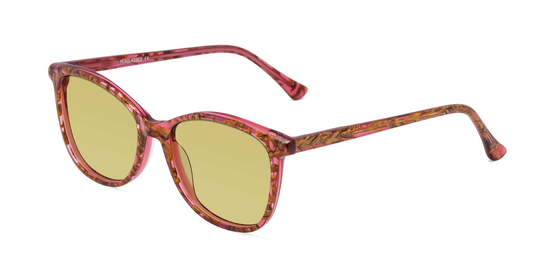 Angle of Creek in Red Floral with Medium Champagne Tinted Lenses