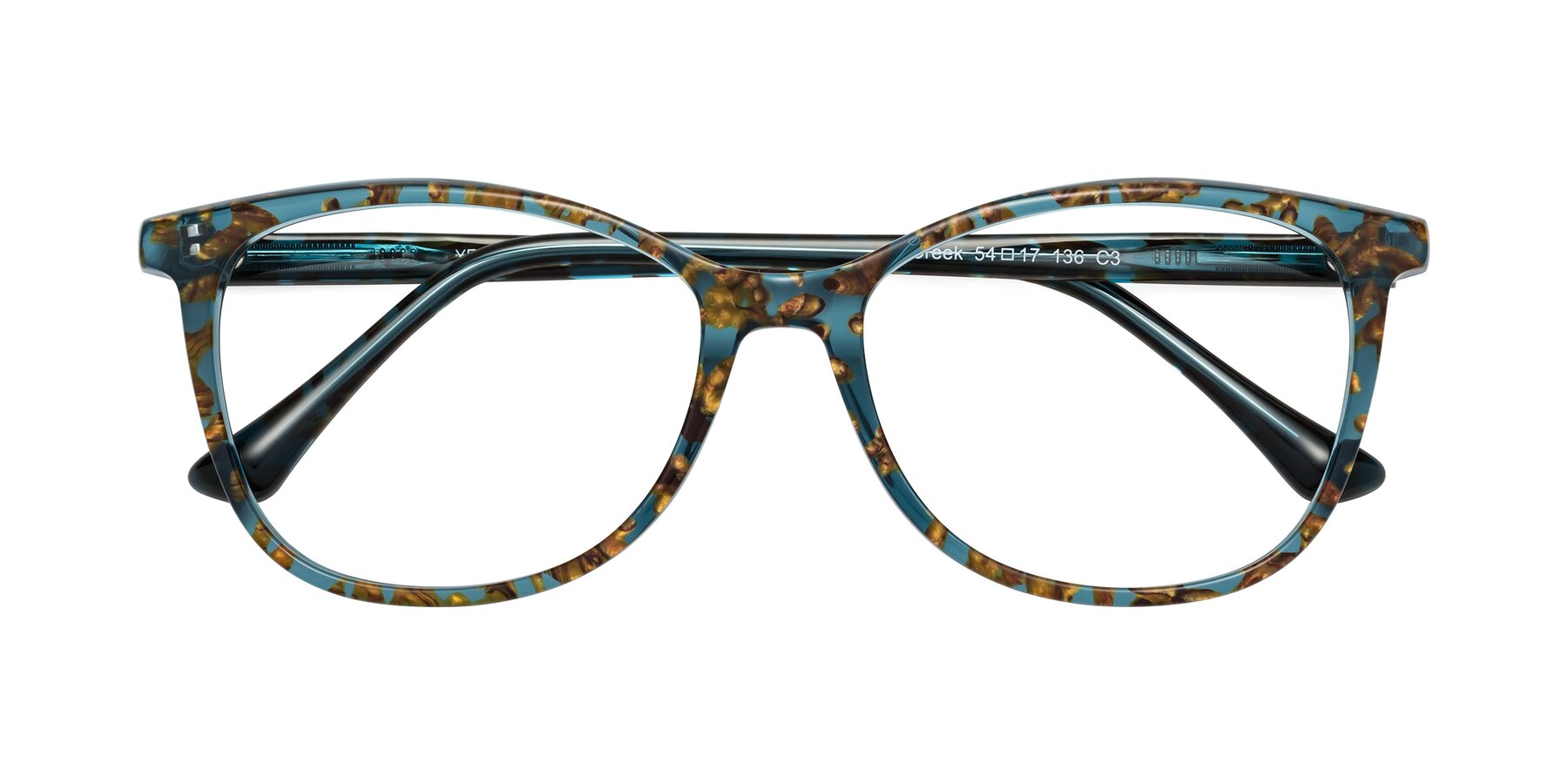 Folded Front of Creek in Ocean Blue Floral with Clear Reading Eyeglass Lenses