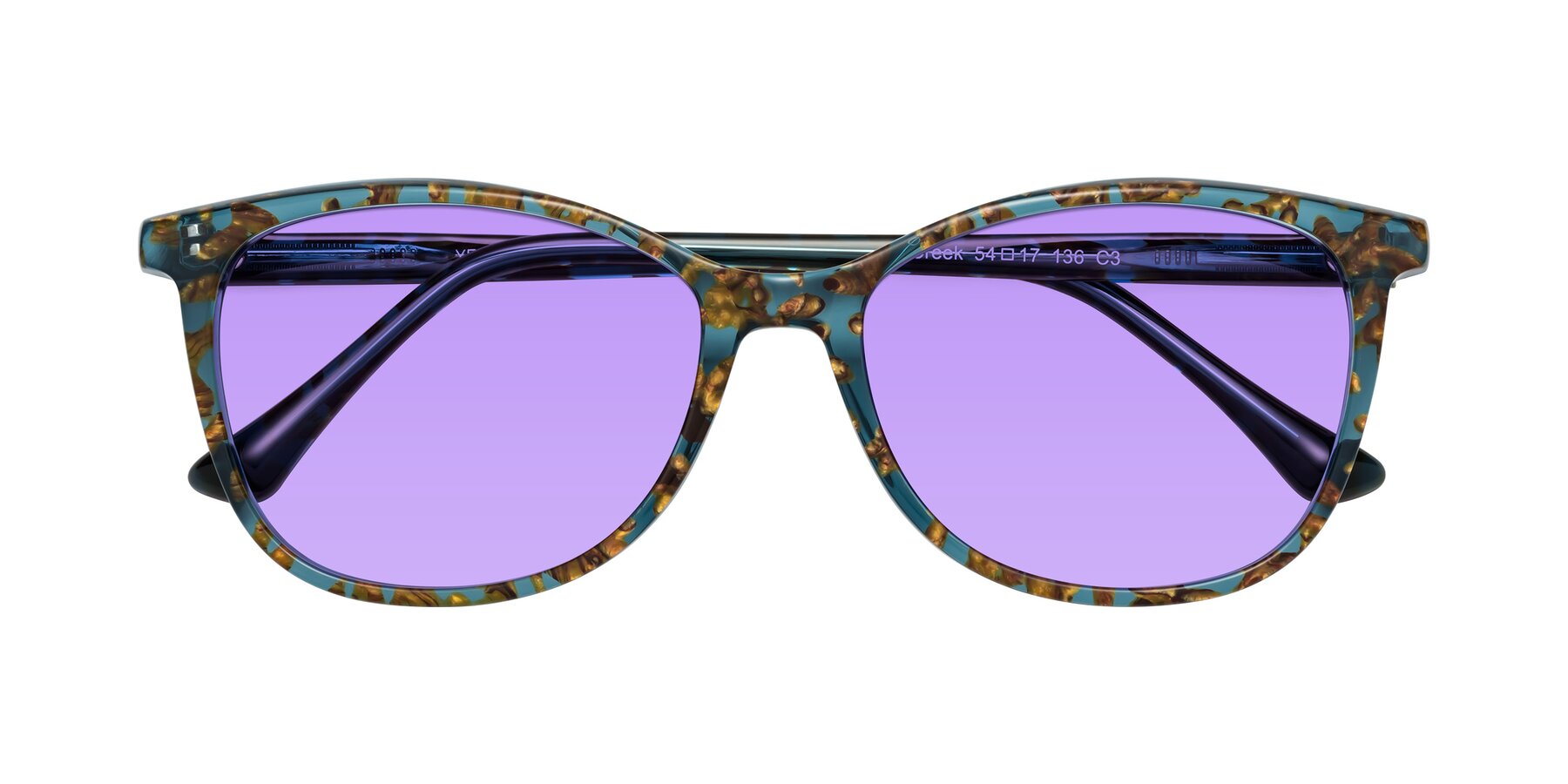 Folded Front of Creek in Ocean Blue Floral with Medium Purple Tinted Lenses