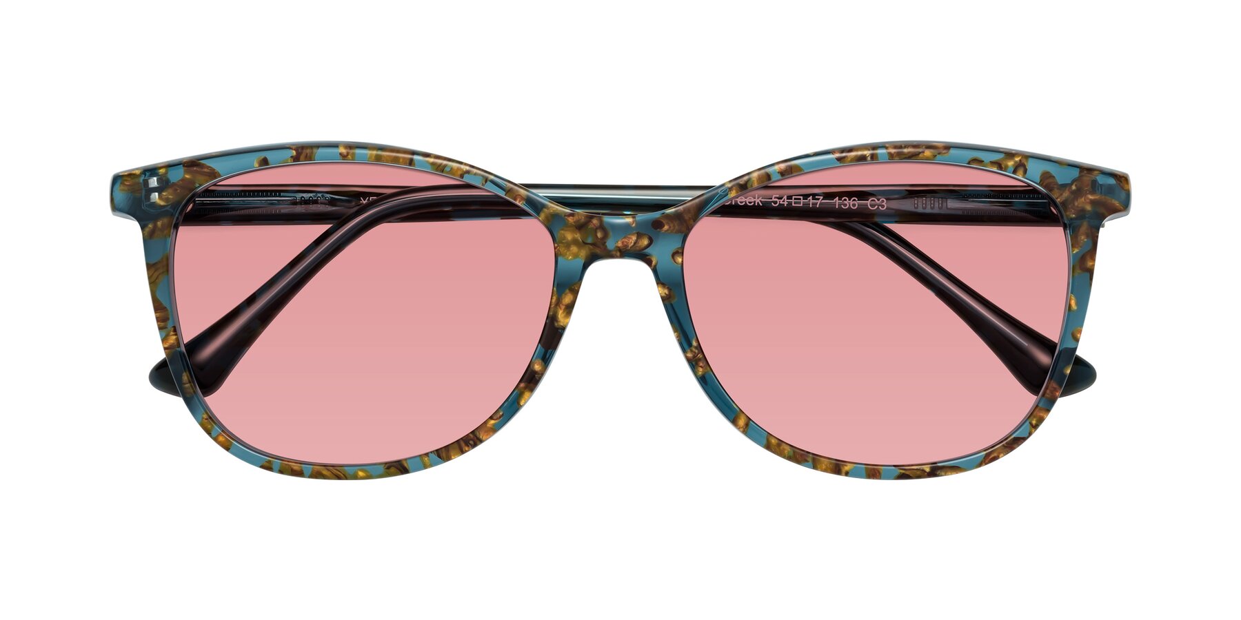 Folded Front of Creek in Ocean Blue Floral with Medium Garnet Tinted Lenses