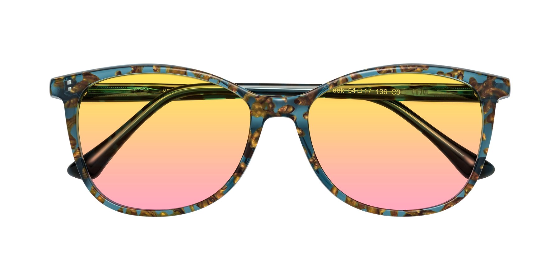 Folded Front of Creek in Ocean Blue Floral with Yellow / Pink Gradient Lenses