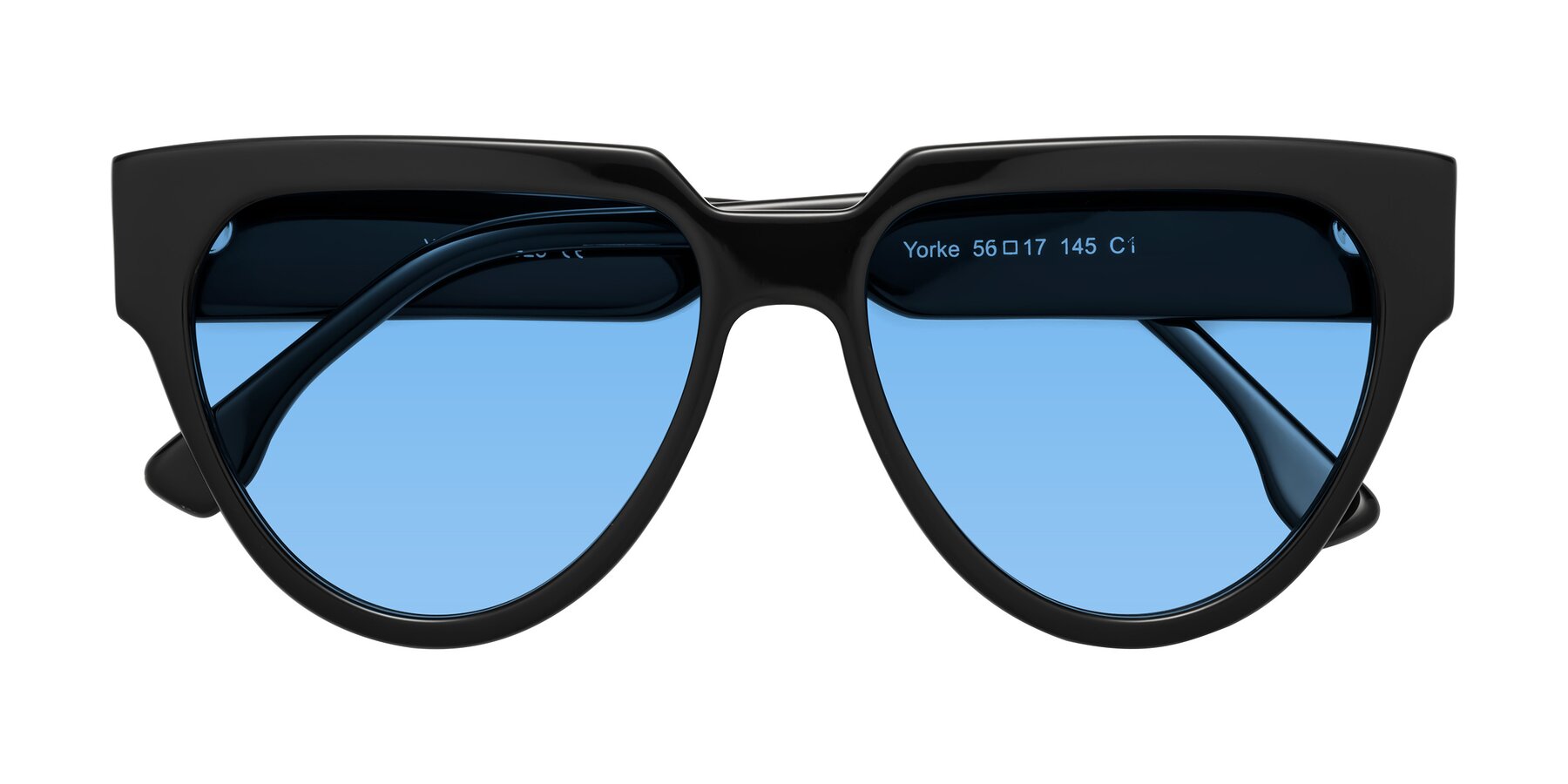Folded Front of Yorke in Black with Medium Blue Tinted Lenses