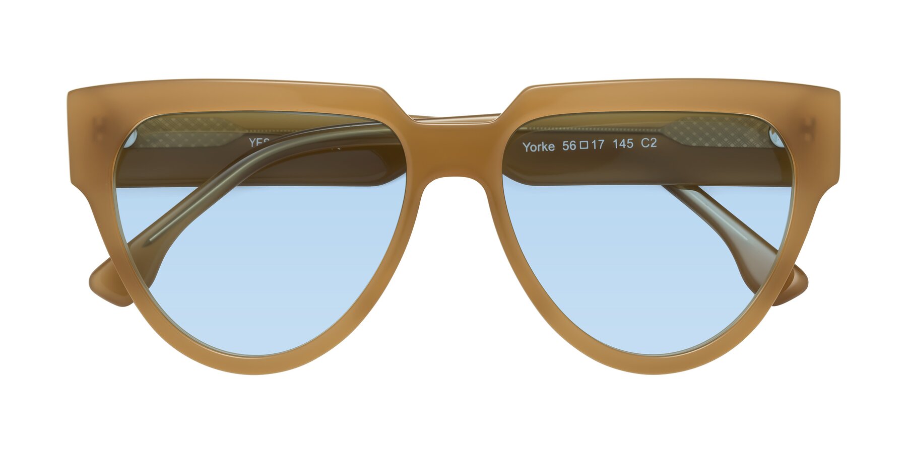 Folded Front of Yorke in Caramel with Light Blue Tinted Lenses