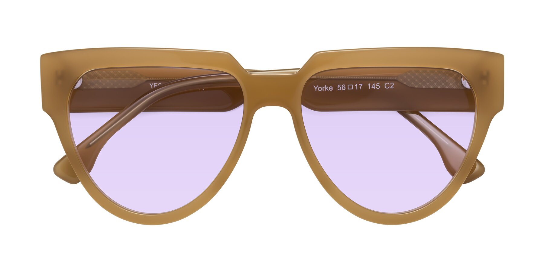 Folded Front of Yorke in Caramel with Light Purple Tinted Lenses