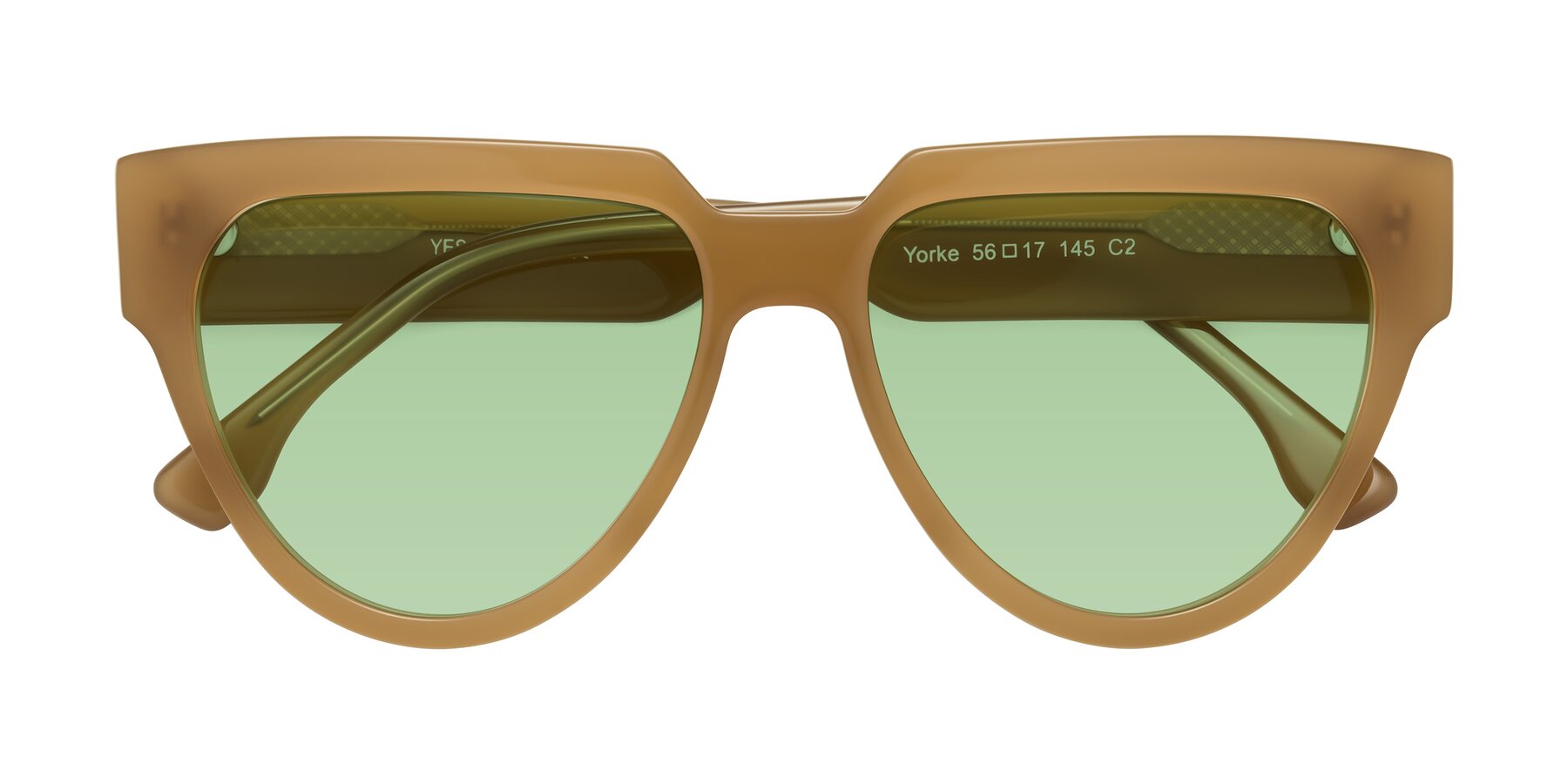 Folded Front of Yorke in Caramel with Medium Green Tinted Lenses