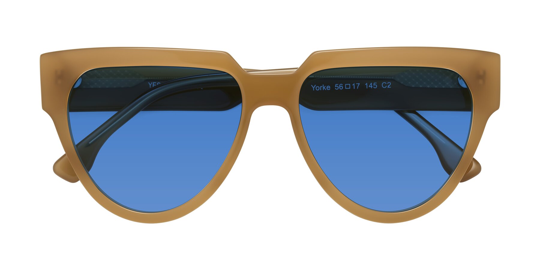 Folded Front of Yorke in Caramel with Blue Tinted Lenses
