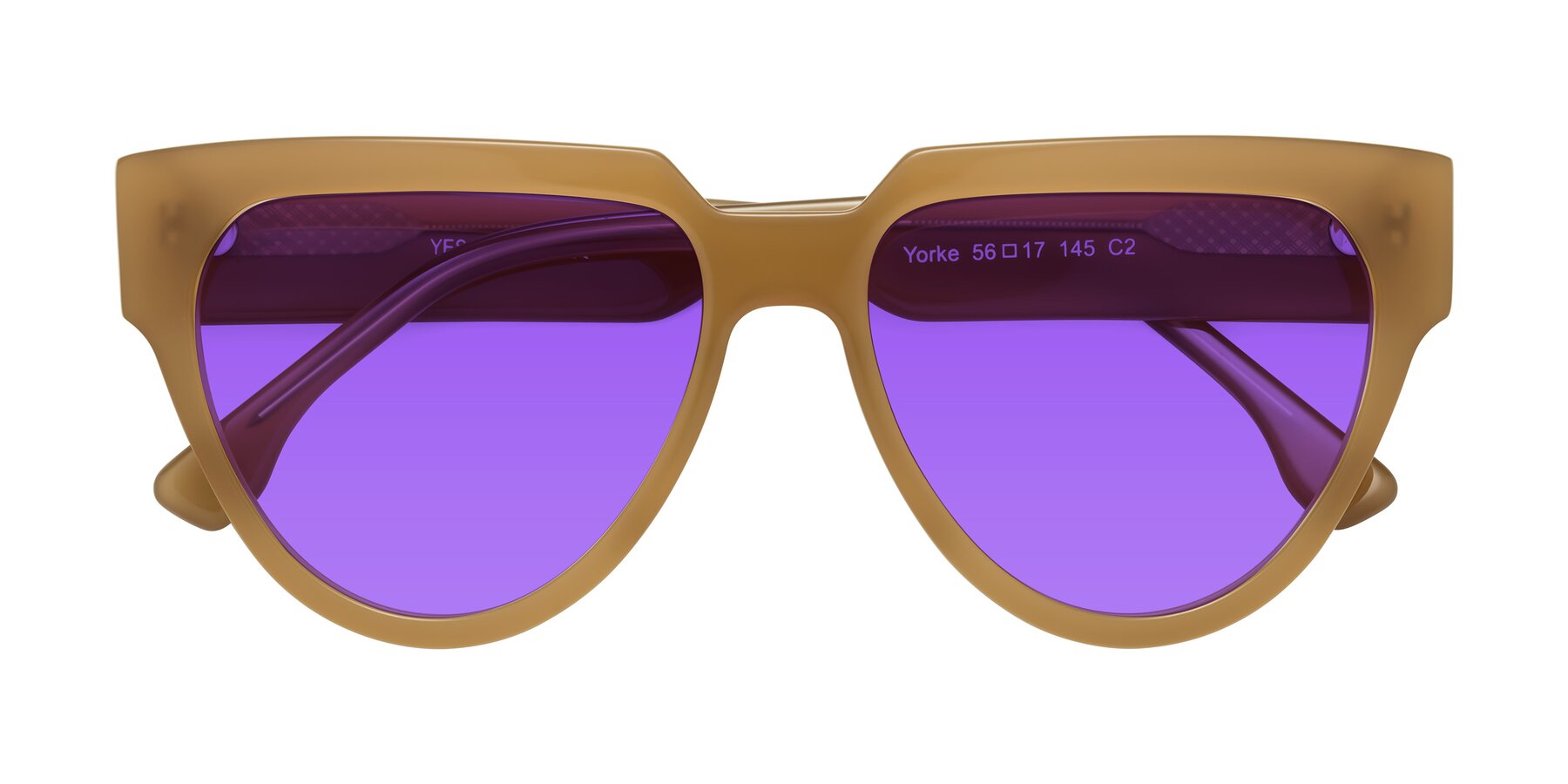 Folded Front of Yorke in Caramel with Purple Tinted Lenses