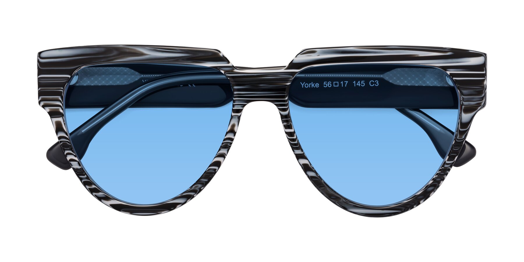 Folded Front of Yorke in Zebra-Print with Medium Blue Tinted Lenses